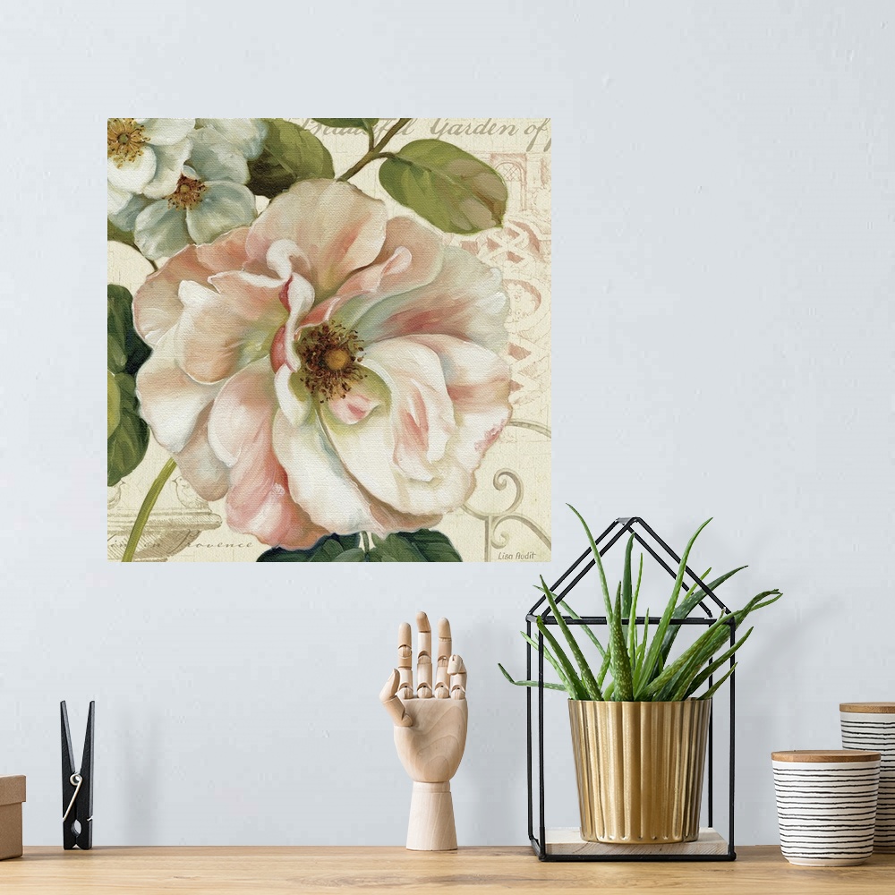 A bohemian room featuring A decorative accent for the home or office this square painted artwork shows the blossom of a wil...