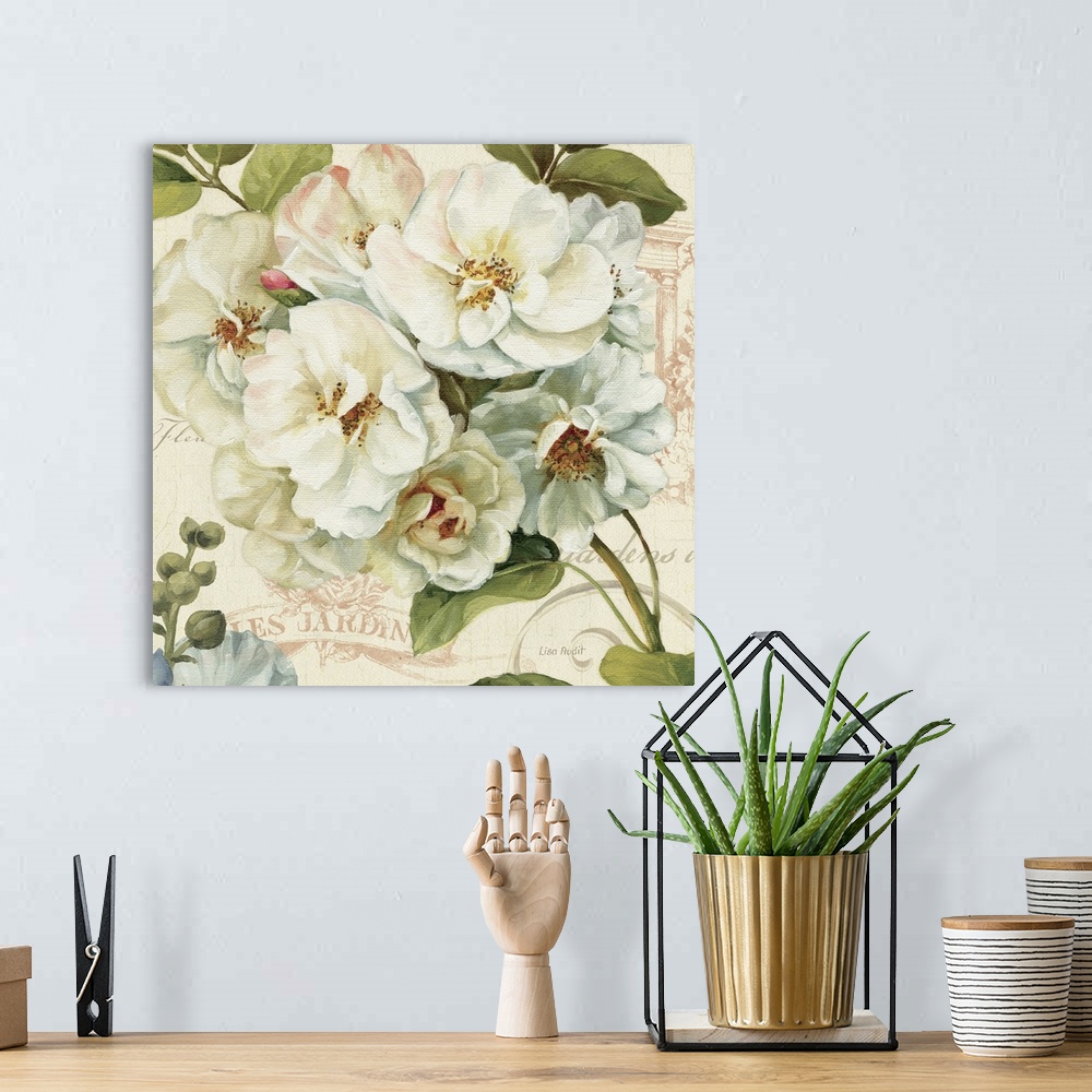 A bohemian room featuring Square painting on canvas of a bunch of flowers on a tree limb with stenciled writing in the back...