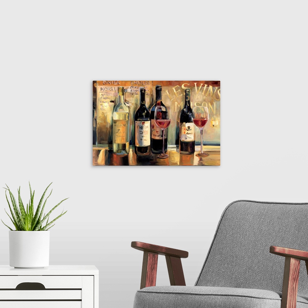 A modern room featuring A large painting of wine bottles and red wine filled glasses with a painted menu in the background.
