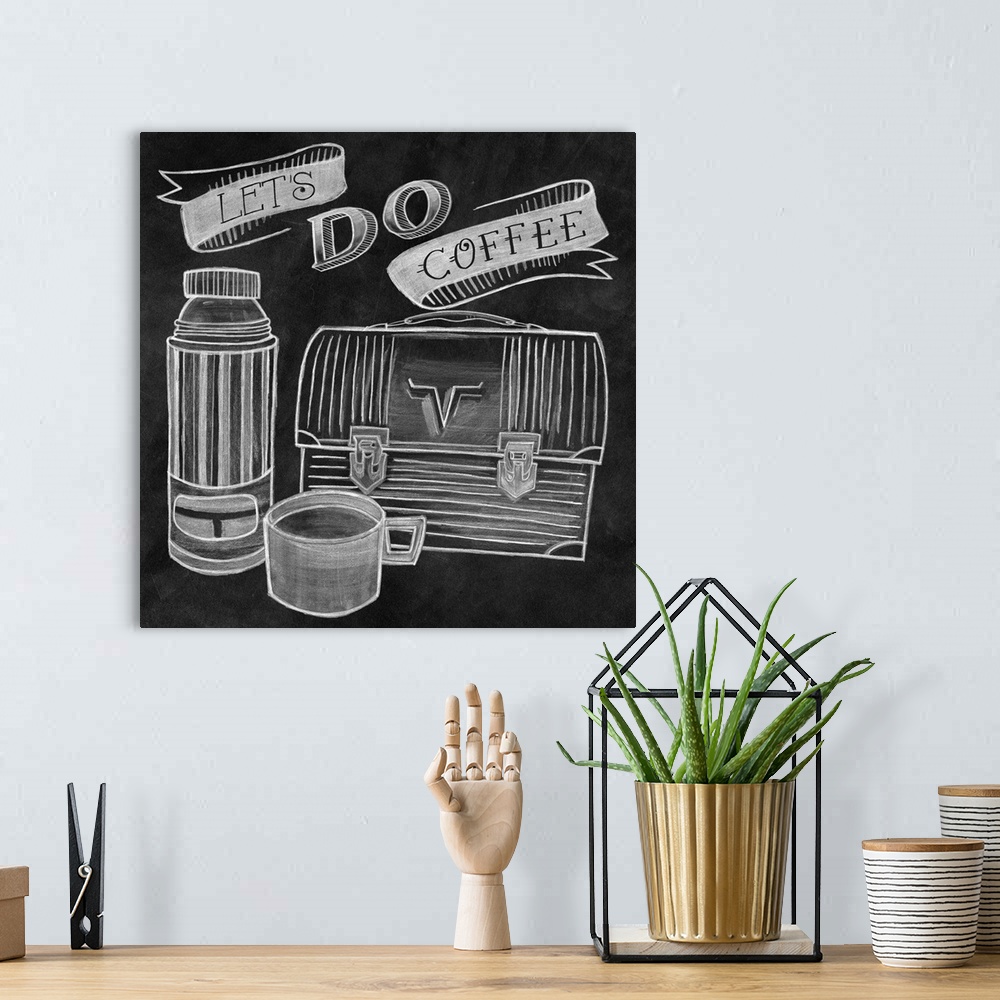 A bohemian room featuring "Let's Do Coffee" square retro illustration