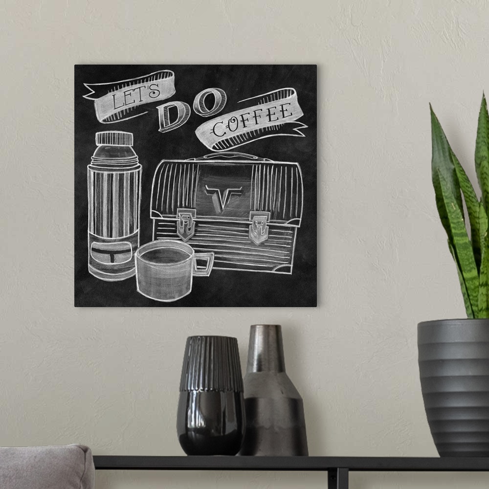 A modern room featuring "Let's Do Coffee" square retro illustration