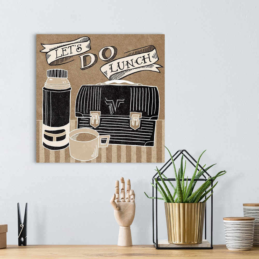 A bohemian room featuring Retro style image of a metal lunchbox and thermos with handlettered text.