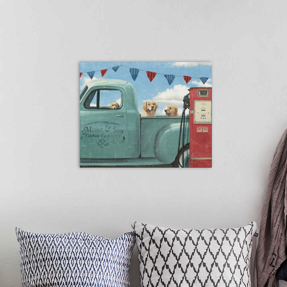 A bohemian room featuring Three dogs sitting in a vintage blue truck at a gas station with a weathered, aged effect overlay.