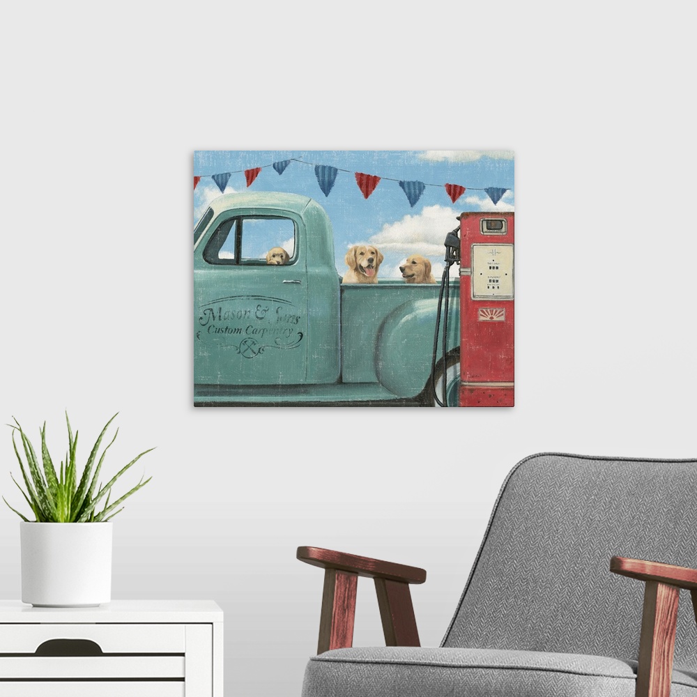 A modern room featuring Three dogs sitting in a vintage blue truck at a gas station with a weathered, aged effect overlay.
