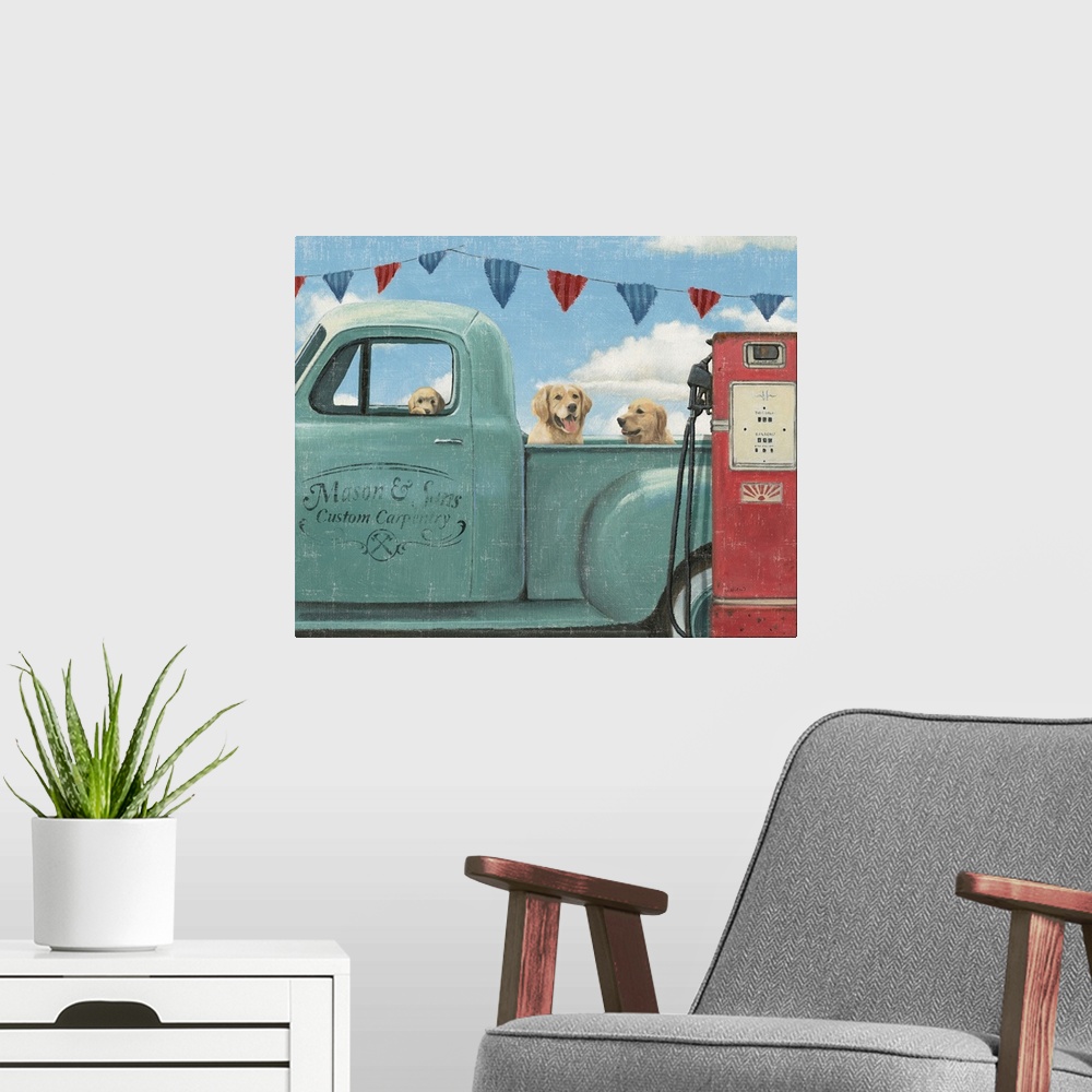 A modern room featuring Three dogs sitting in a vintage blue truck at a gas station with a weathered, aged effect overlay.