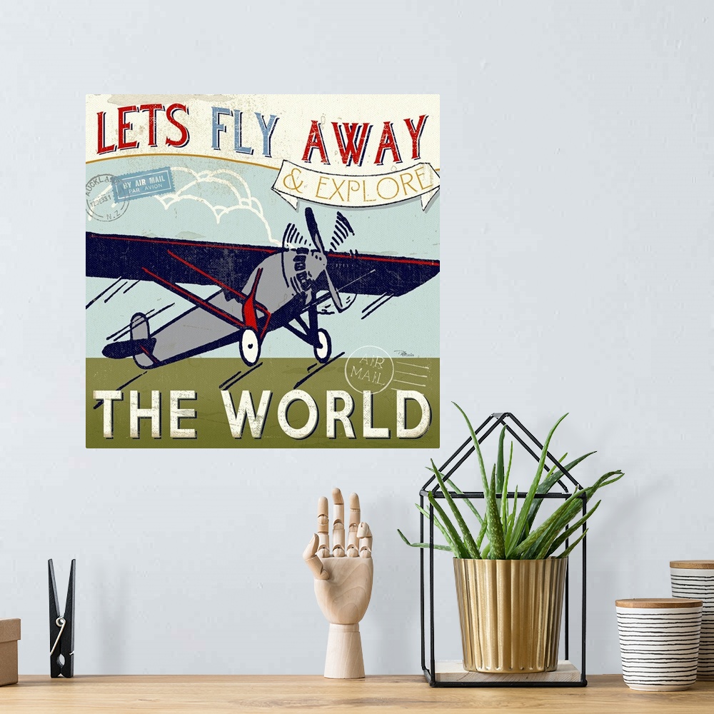 A bohemian room featuring Retro-style graphic of a propeller plane taking off with airmail marks and the text "Let's fly aw...