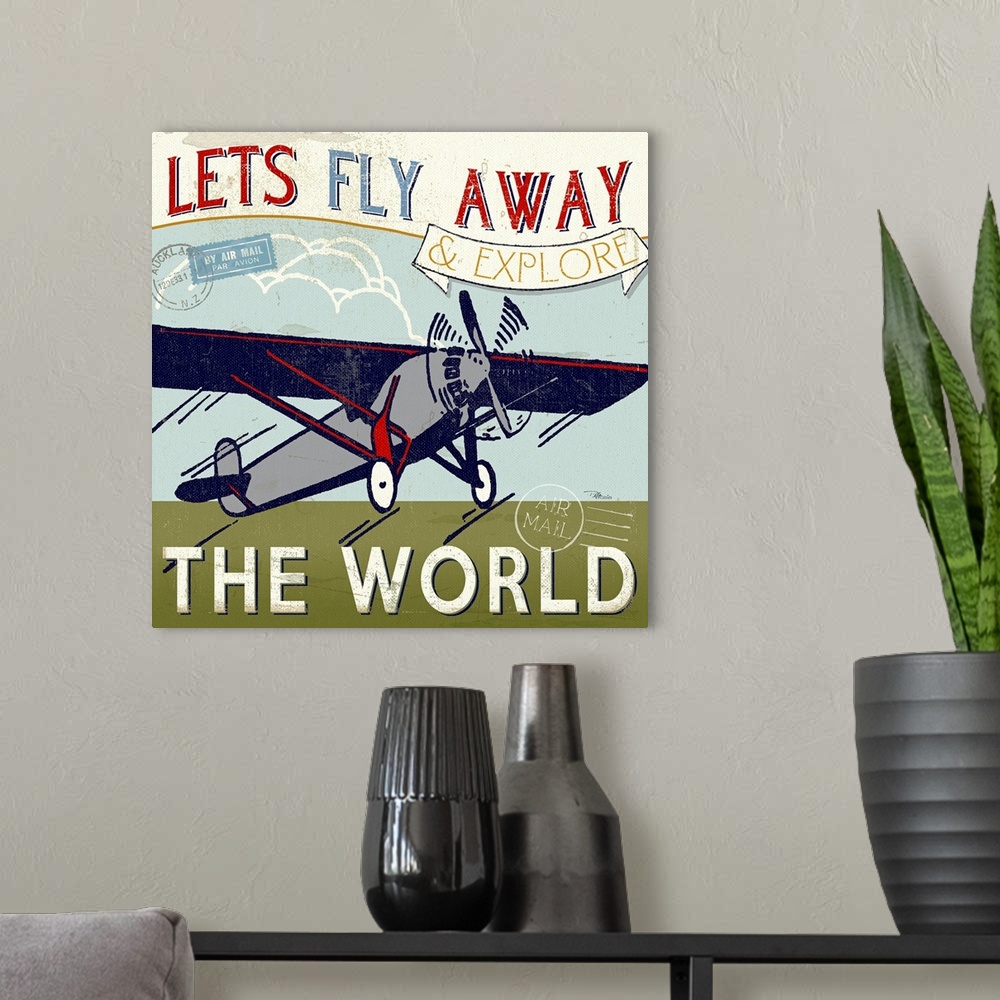 A modern room featuring Retro-style graphic of a propeller plane taking off with airmail marks and the text "Let's fly aw...