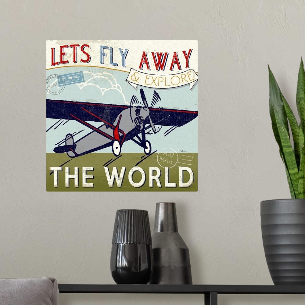 A modern room featuring Retro-style graphic of a propeller plane taking off with airmail marks and the text "Let's fly aw...