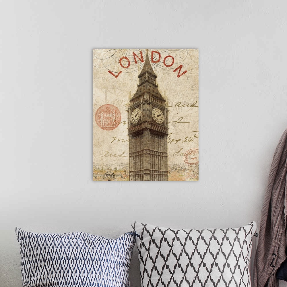 A bohemian room featuring Large, vertical, vintage artwork of a sketch of Big Ben, small buildings of the city below and "L...