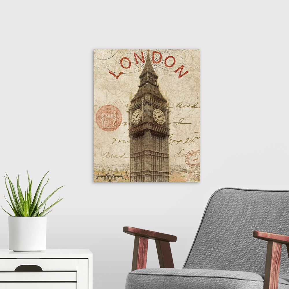 A modern room featuring Large, vertical, vintage artwork of a sketch of Big Ben, small buildings of the city below and "L...