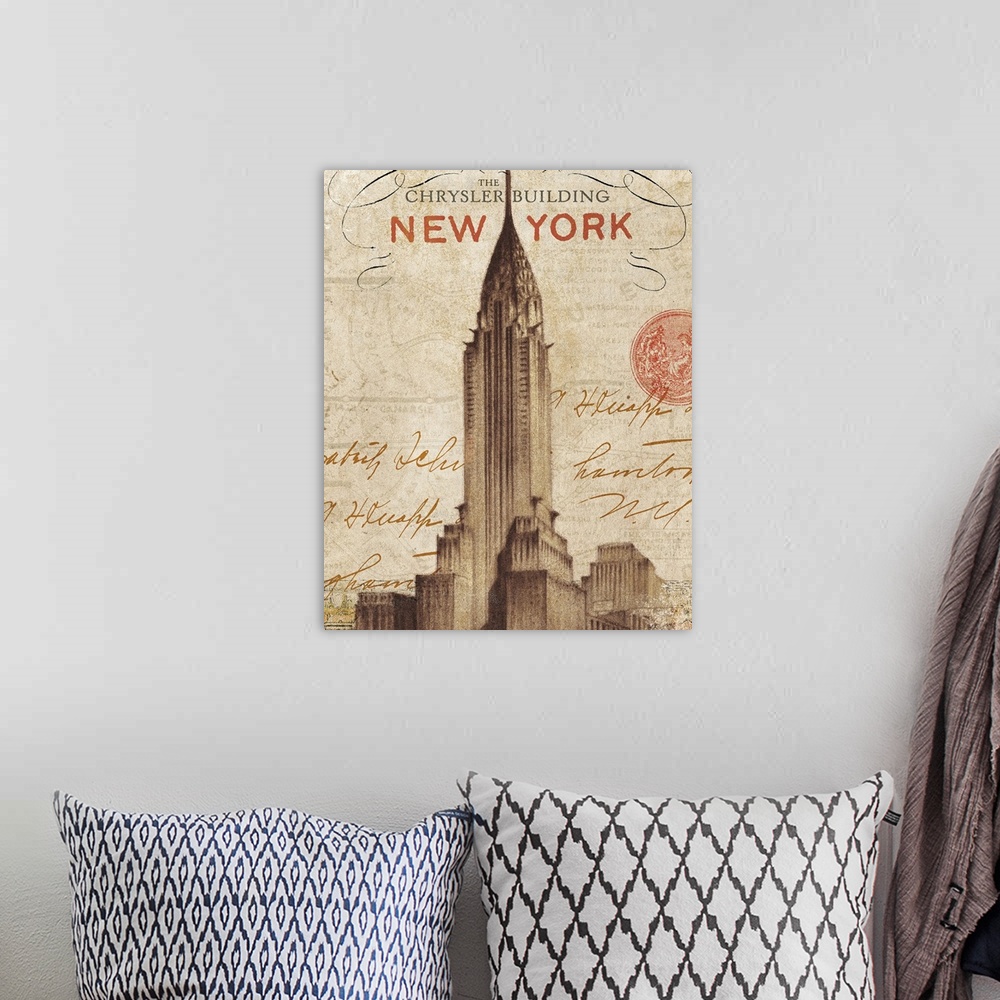 A bohemian room featuring Vertical, oversized wall hanging of a vintage letter from New York with script, handwritten text ...