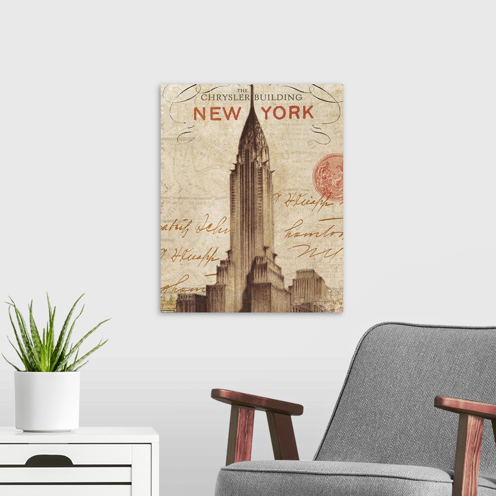 A modern room featuring Vertical, oversized wall hanging of a vintage letter from New York with script, handwritten text ...