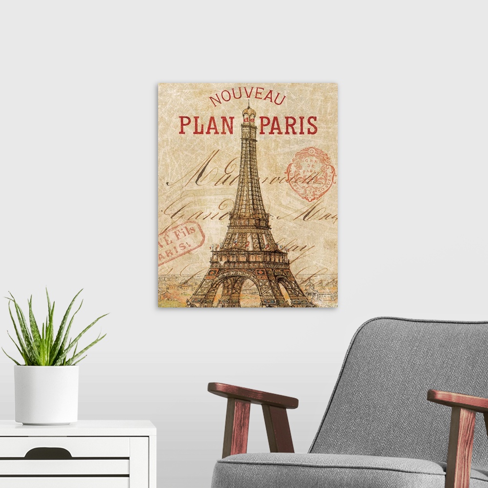 A modern room featuring Big illustration portrays a vintage postcard from France that includes the famous landmark found ...