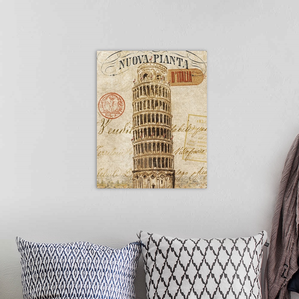 A bohemian room featuring Wall docor featuring a vintage postcard design of the Leaning Tower of Pisa.