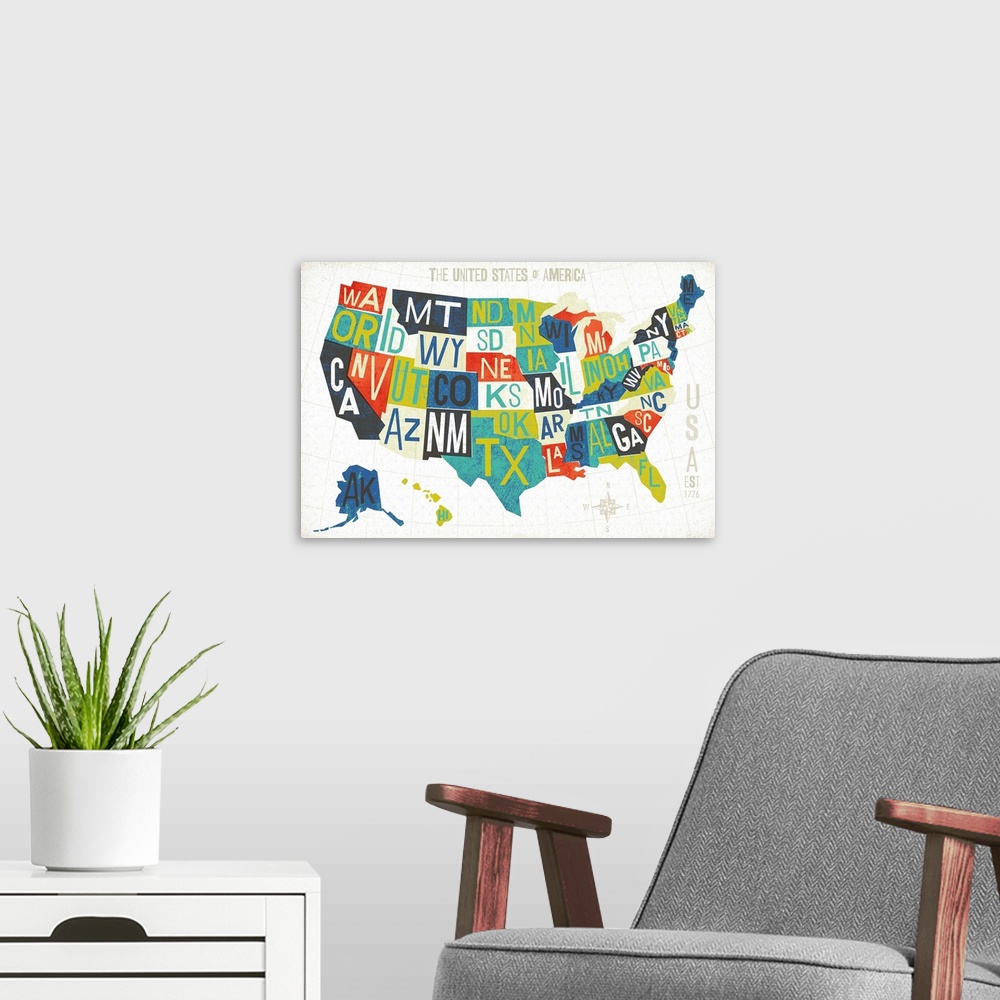 A modern room featuring Map of the United States of America with the abbreviation of each state.