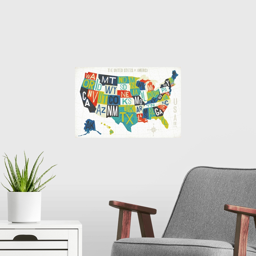 A modern room featuring Map of the United States of America with the abbreviation of each state.