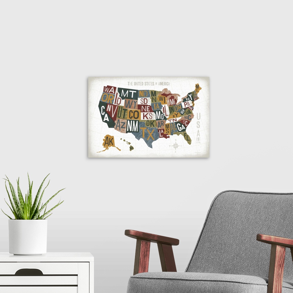 A modern room featuring Letterpress USA Map