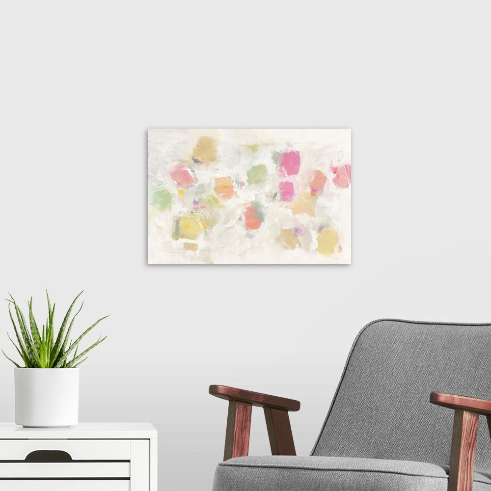 A modern room featuring Soft abstract painting with relaxing pink, yellow, green, orange, and purple hues on a cream colo...