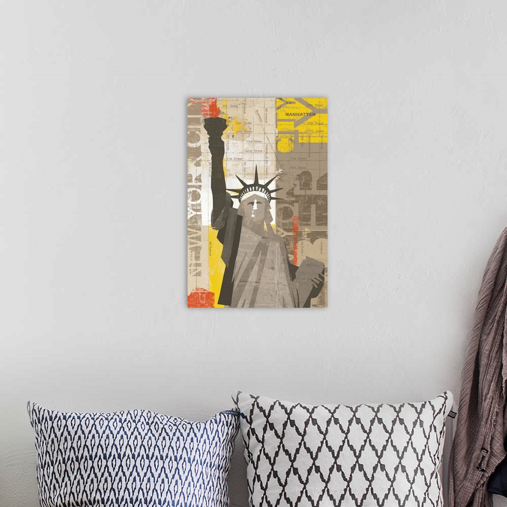 A bohemian room featuring Contemporary artwork of the Statue of Liberty in cut out fashion with map of New York and text in...