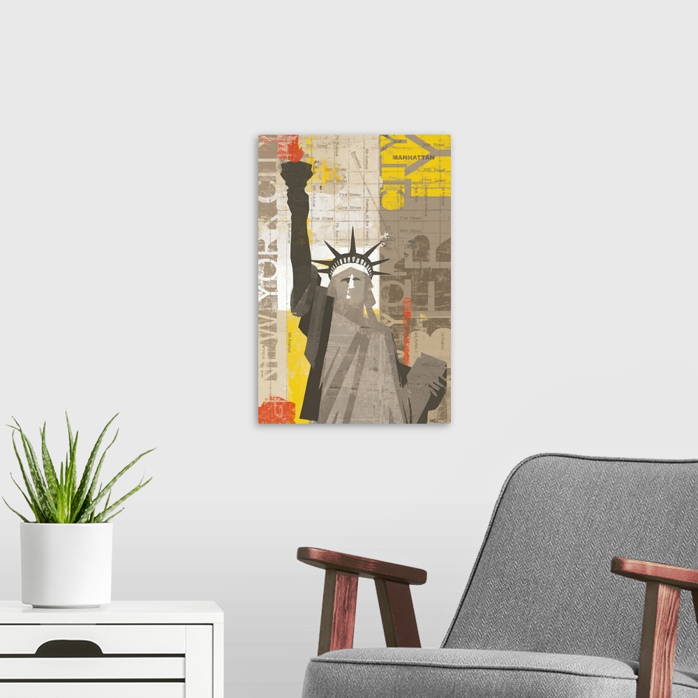 A modern room featuring Contemporary artwork of the Statue of Liberty in cut out fashion with map of New York and text in...