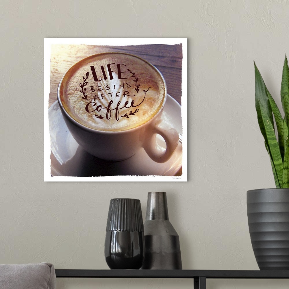 A modern room featuring Life Begins After Coffee