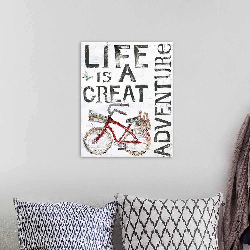 A bohemian room featuring "Life is a Great Adventure" with a red bicycle, created with mixed media.