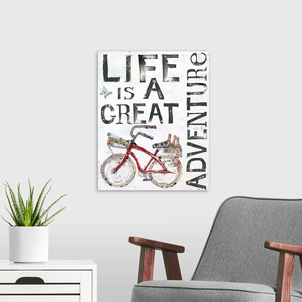 A modern room featuring "Life is a Great Adventure" with a red bicycle, created with mixed media.