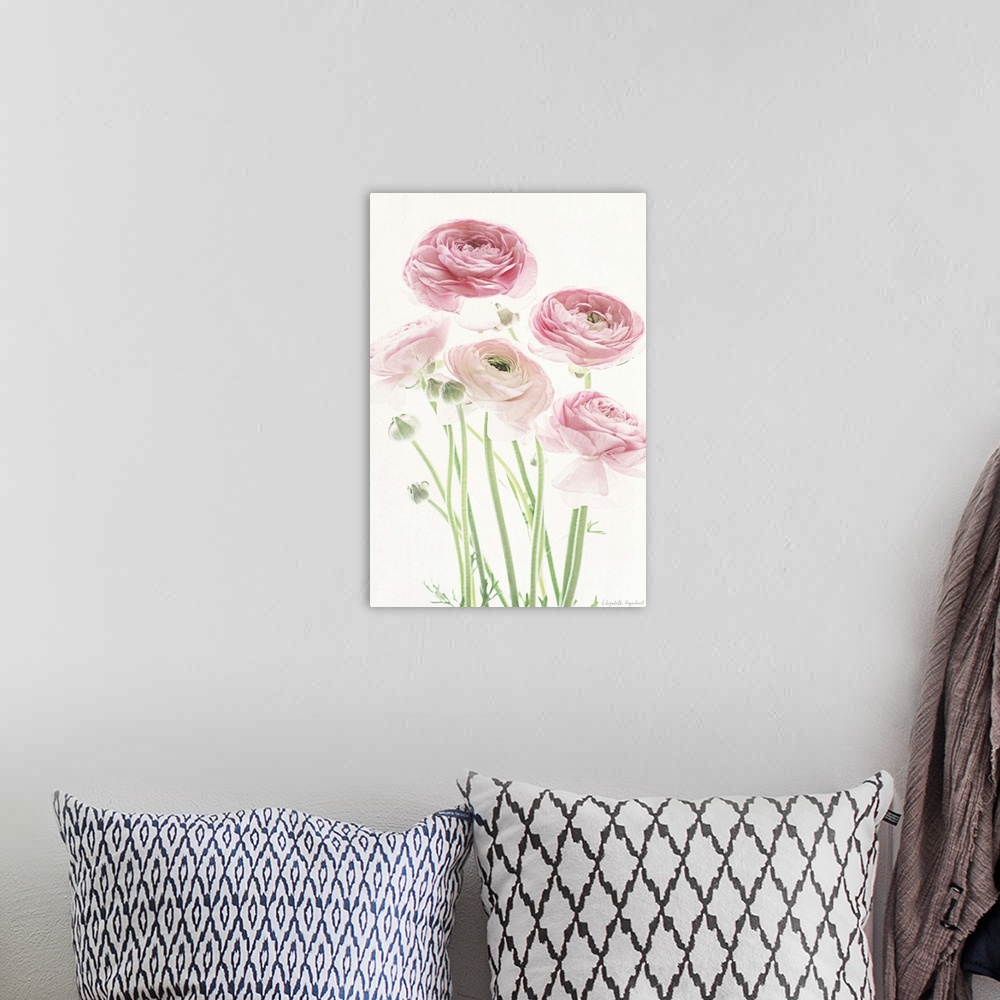 A bohemian room featuring Photograph of pink lady roses in muted tones that fade into the white background.