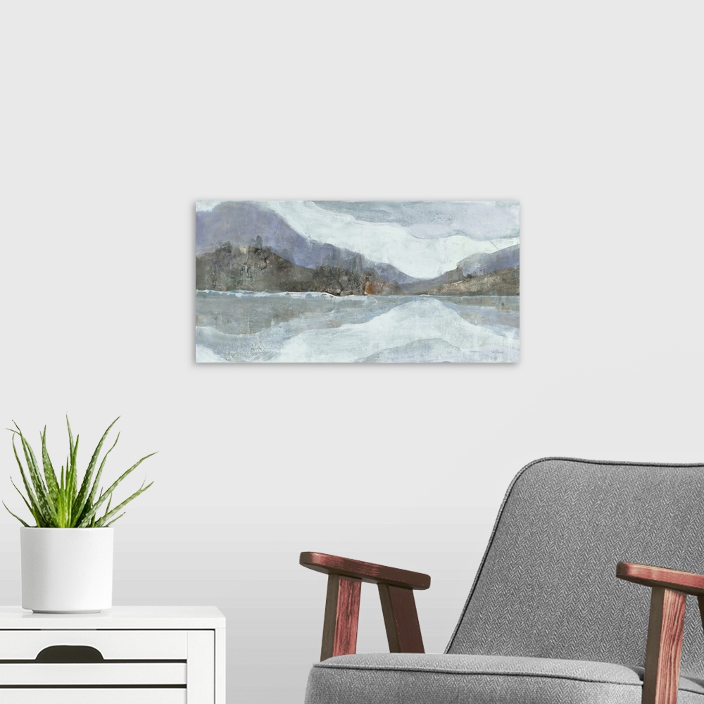 A modern room featuring Abstract painting of a mountainous Winter landscape with a lake in the foreground, in cool tones.