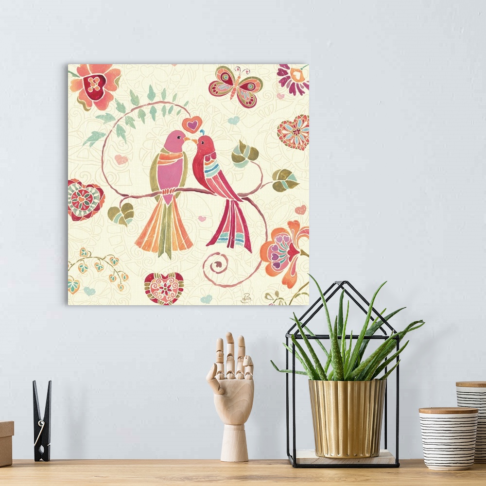 A bohemian room featuring Contemporary painting of two birds nuzzling each other, with floral designs all around.