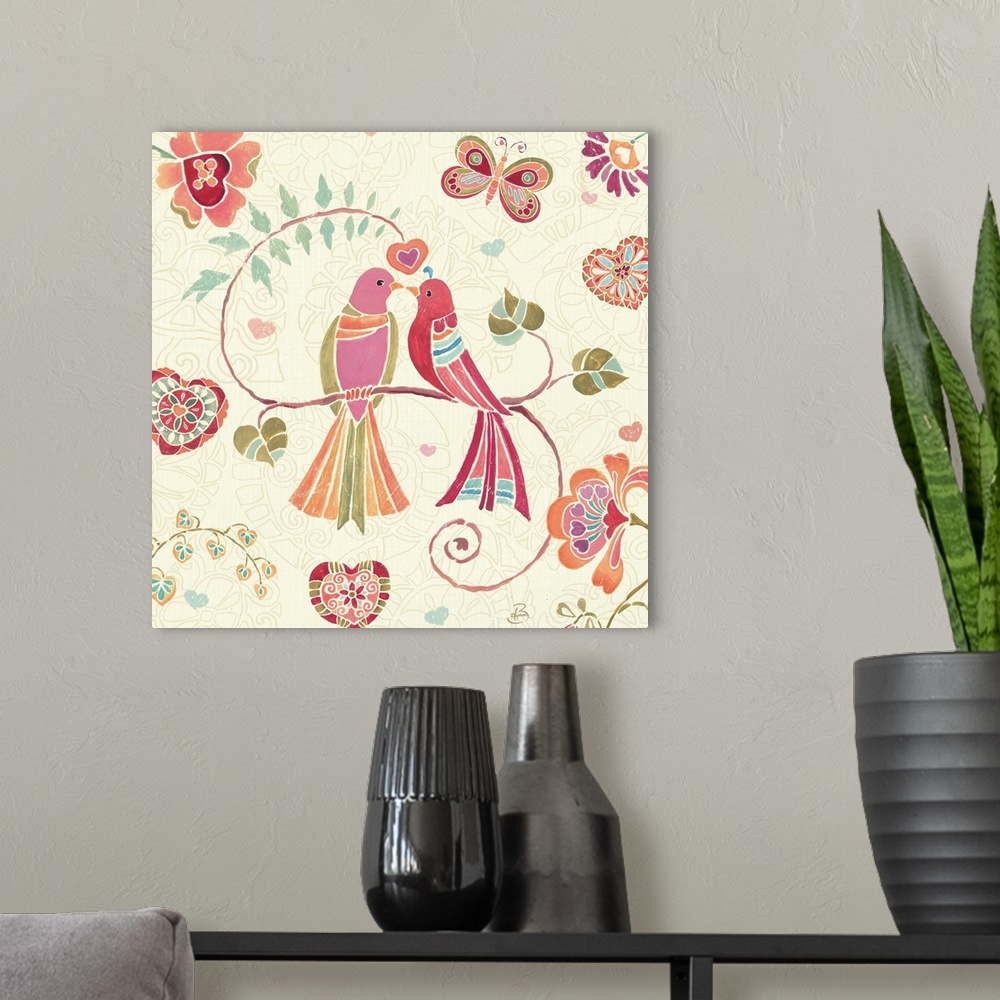 A modern room featuring Contemporary painting of two birds nuzzling each other, with floral designs all around.