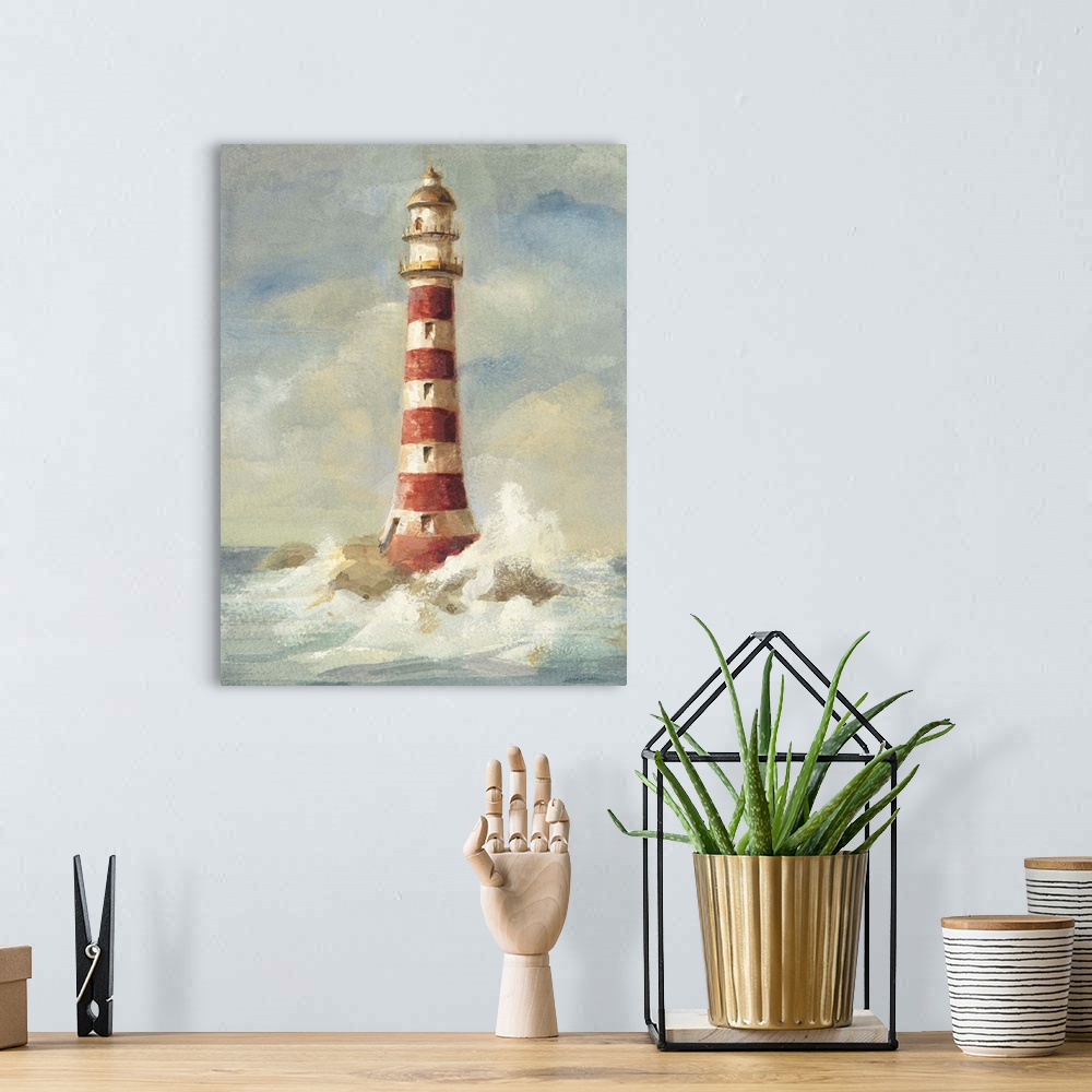 A bohemian room featuring Contemporary painting of a red striped lighthouse with crashing waves at the base.