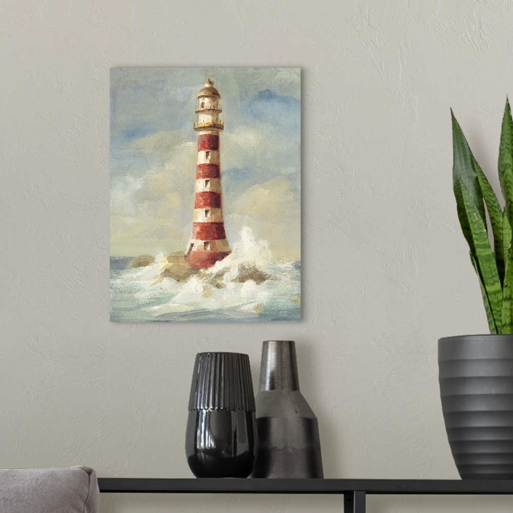 A modern room featuring Contemporary painting of a red striped lighthouse with crashing waves at the base.