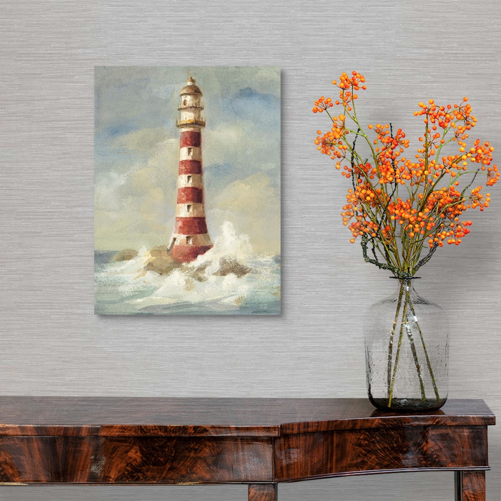 A traditional room featuring Contemporary painting of a red striped lighthouse with crashing waves at the base.