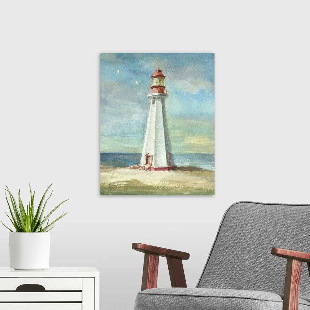 A modern room featuring Contemporary artwork of a white lighthouse on the coast.