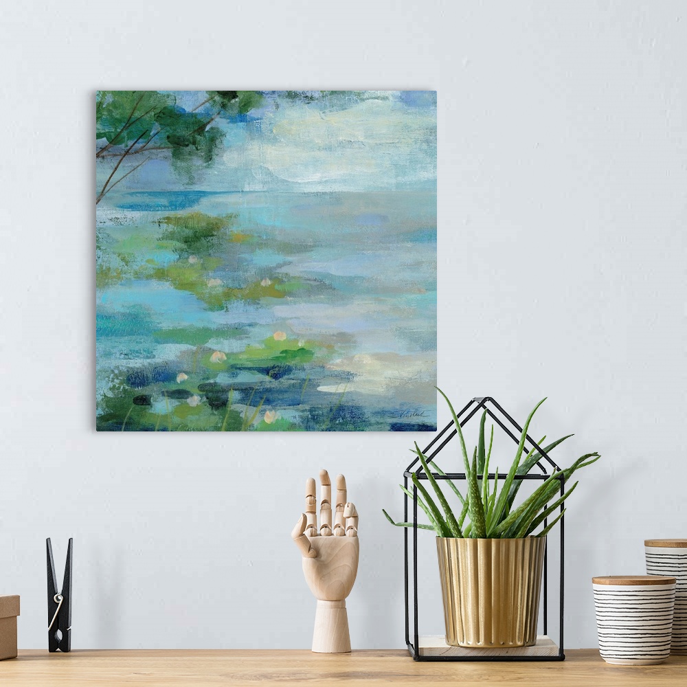 A bohemian room featuring Contemporary painting of green lilypads in a calm blue pond.