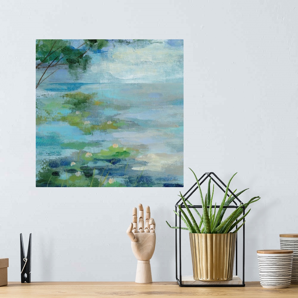 A bohemian room featuring Contemporary painting of green lilypads in a calm blue pond.