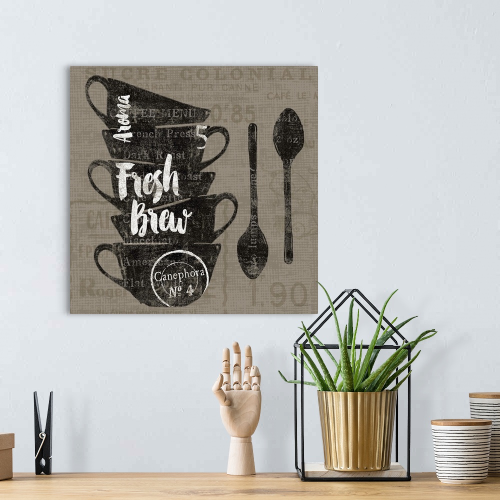 A bohemian room featuring Coffee mug design with handlettered text.
