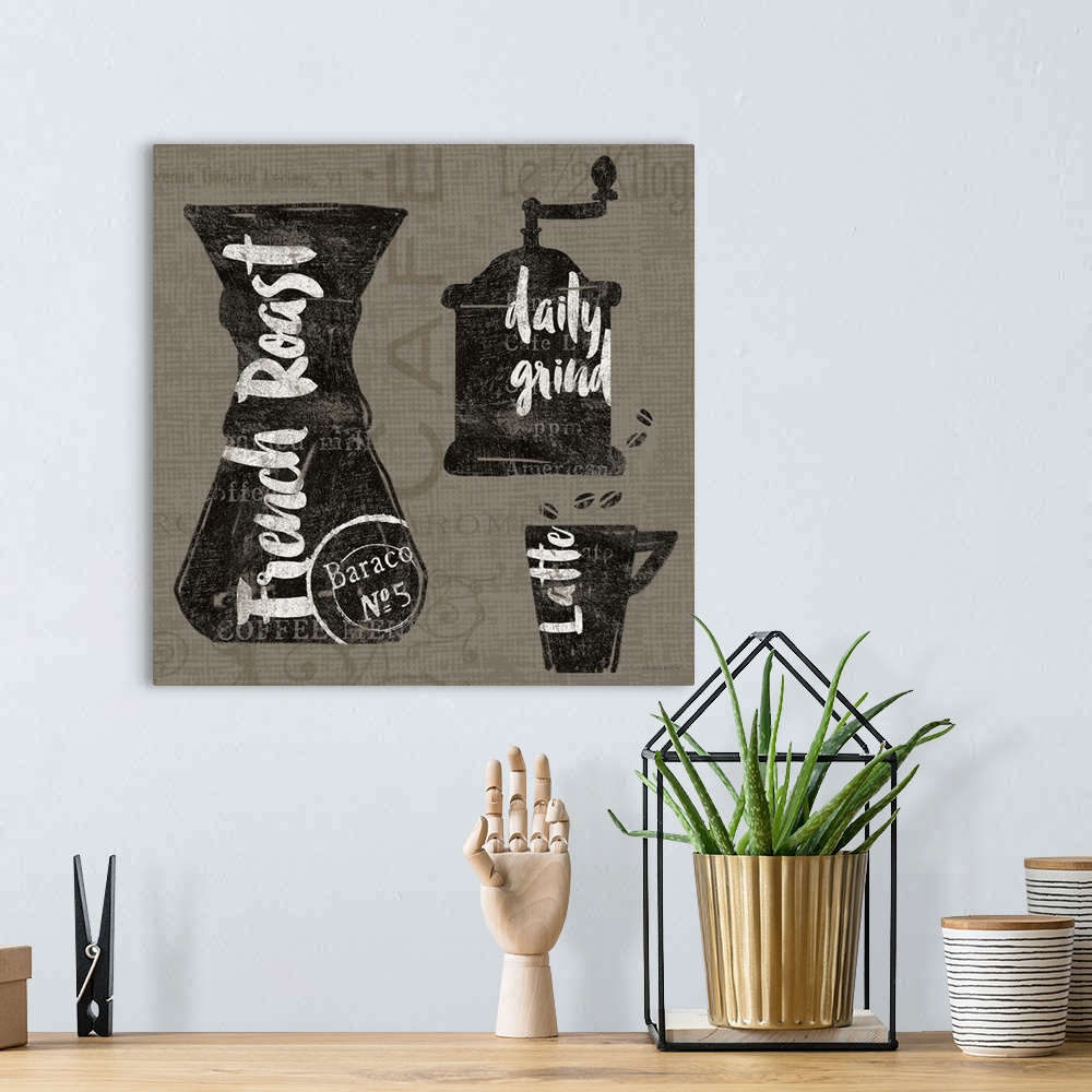 A bohemian room featuring Coffee grinder and mug design with handlettered text.