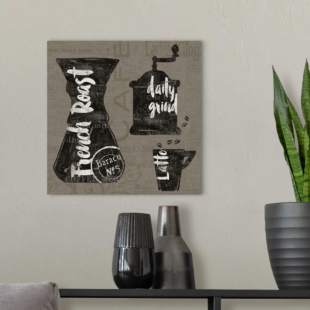 A modern room featuring Coffee grinder and mug design with handlettered text.