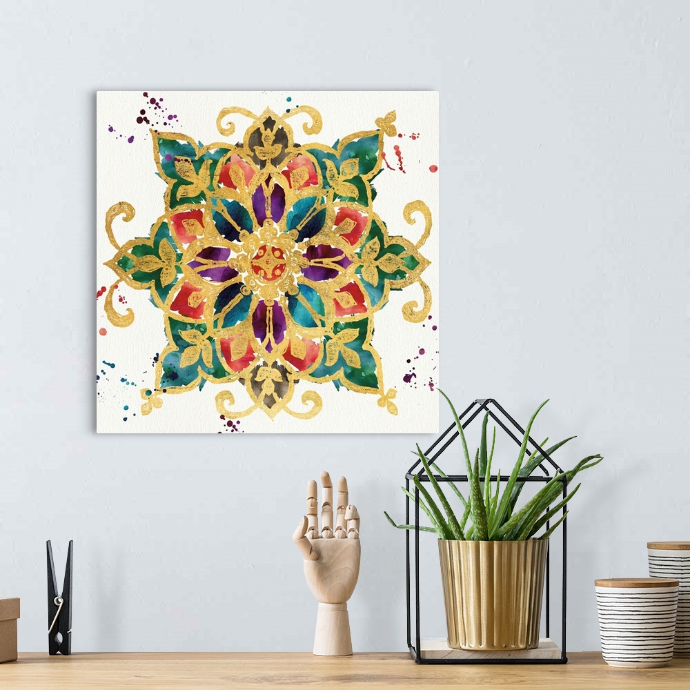 A bohemian room featuring Colorful abstract artwork of a pattern with golden outlines.