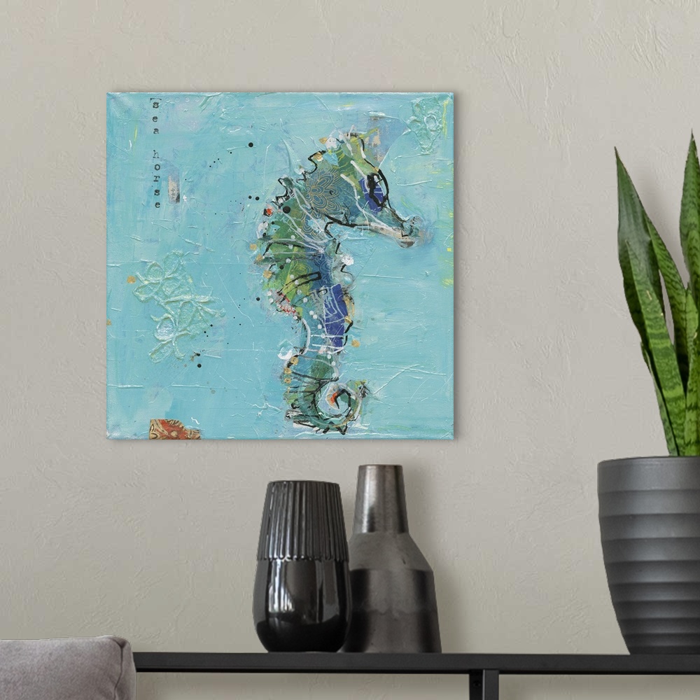 A modern room featuring Square abstract painting of a seahorse with a light blue textured background and the word "Seahor...