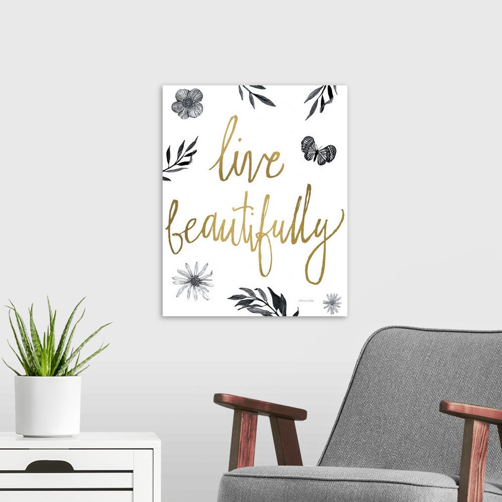 A modern room featuring Gold handlettering against a white background with leaves and butterfly.