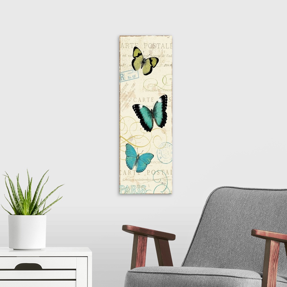 A modern room featuring Contemporary artwork of three butterflies running vertically in the frame. Against a beige backgr...