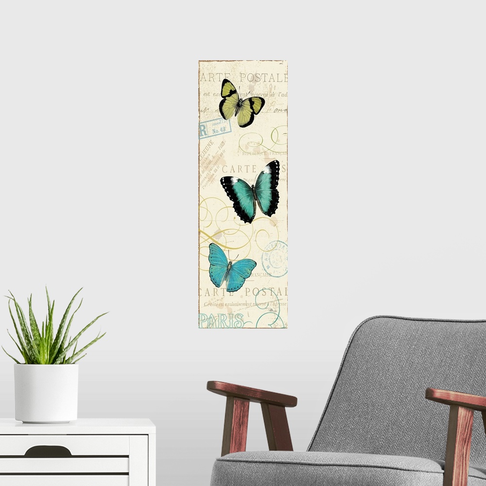 A modern room featuring Contemporary artwork of three butterflies running vertically in the frame. Against a beige backgr...