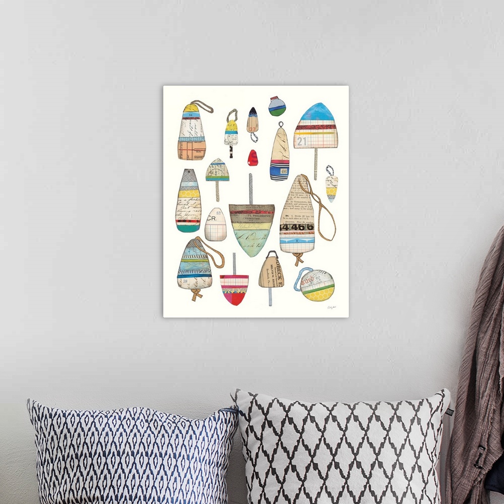 A bohemian room featuring Fishing buoys made with mixed media on a white background.
