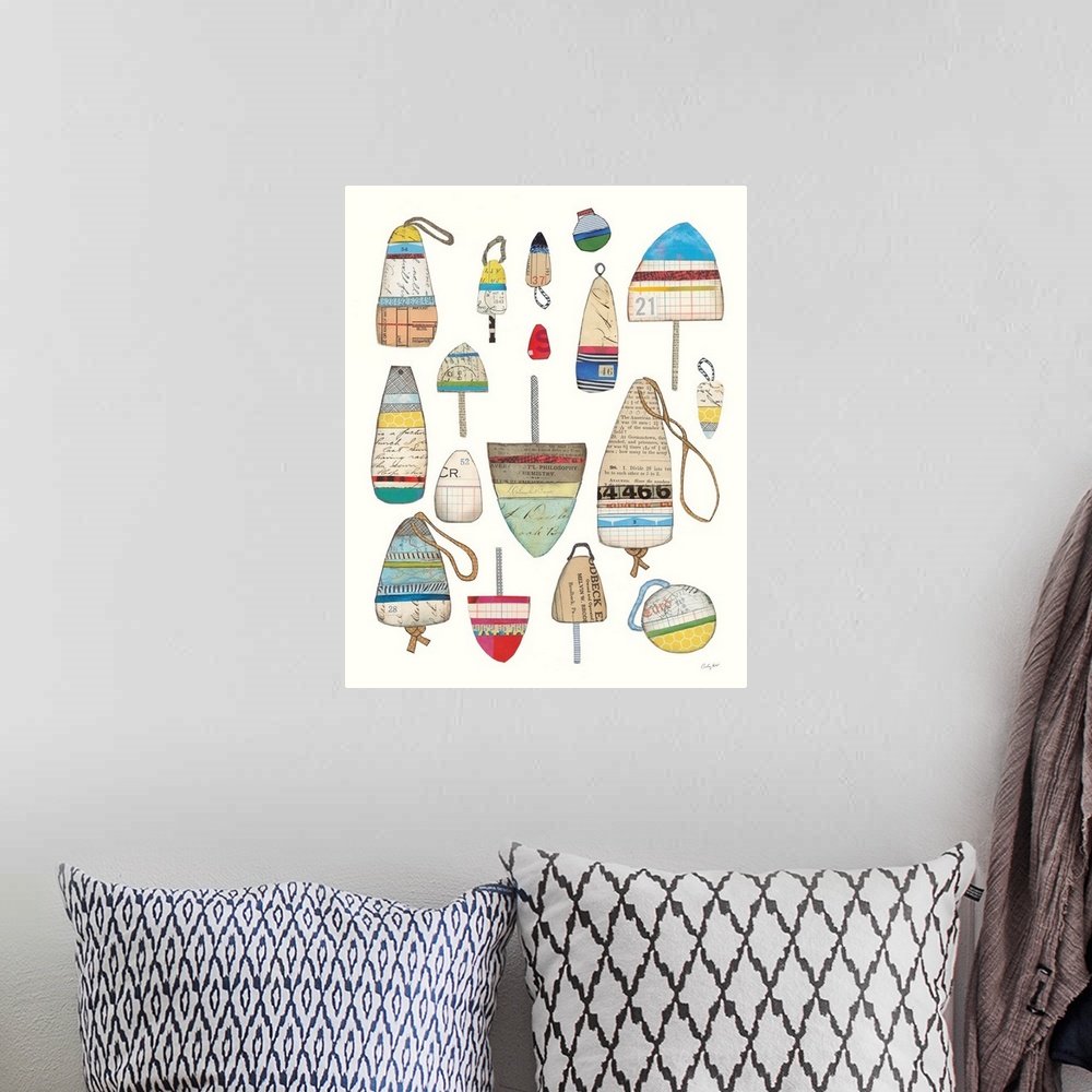 A bohemian room featuring Fishing buoys made with mixed media on a white background.