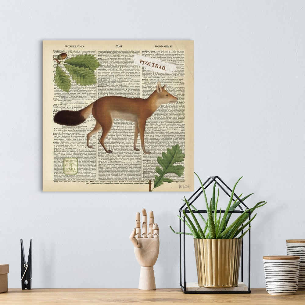 A bohemian room featuring Vintage stylized illustration of a fox against a piece of text print.