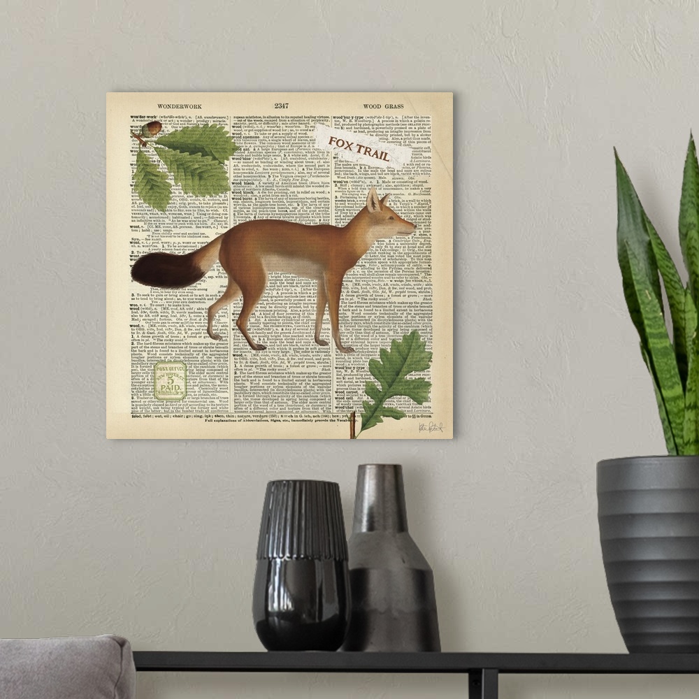 A modern room featuring Vintage stylized illustration of a fox against a piece of text print.