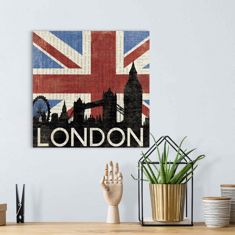 A bohemian room featuring Contemporary artwork of a silhouetted London skyline against a background of the Union Jack flag.